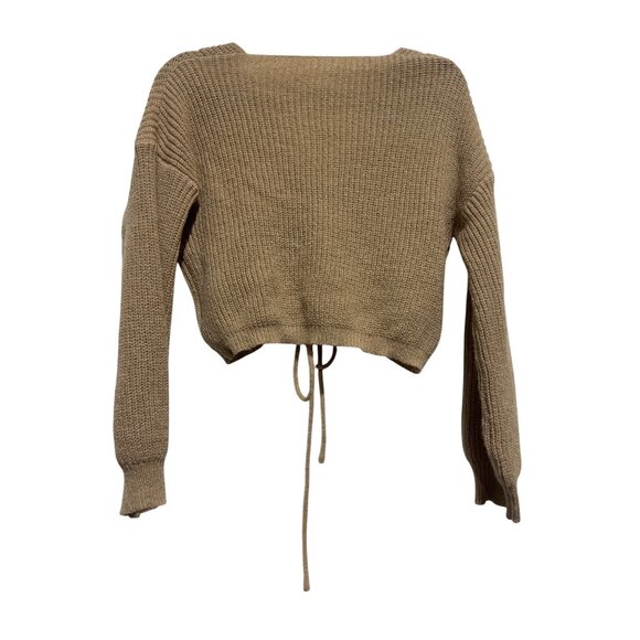 Shein Beige Knit Sweater V-Neck Drawstring Ruched Front Acrylic Size S - Picture 2 of 4